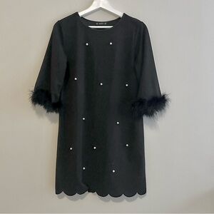SHEIN Black Mini Dress Feather Trim Scallop Hem Pearl Accents Pull On Small Boa